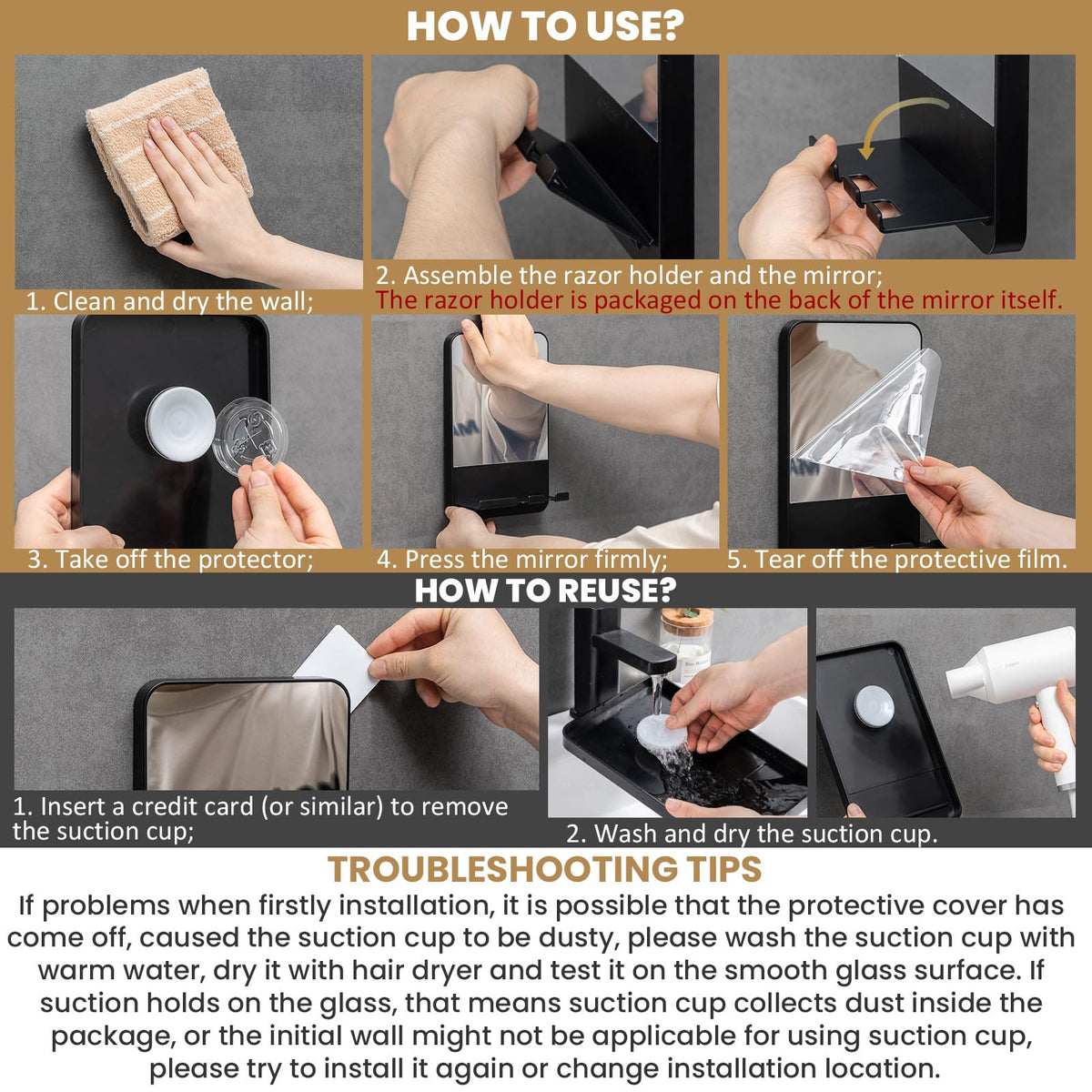 TAILI Fogless Shower Mirror dimensions displayed