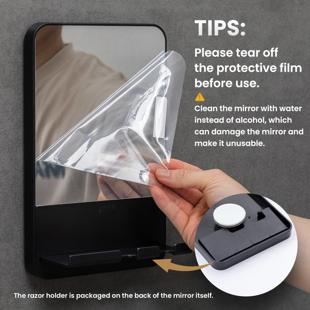 TAILI Fogless Shower Mirror side view showing dual razor holders