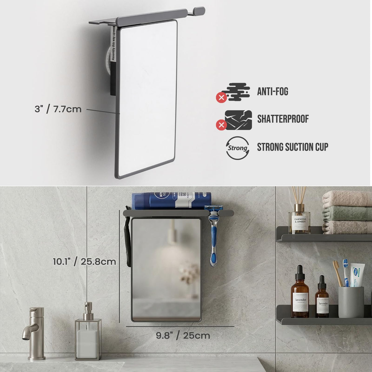 TAILI Shower Mirror with tray on a bathroom shelf