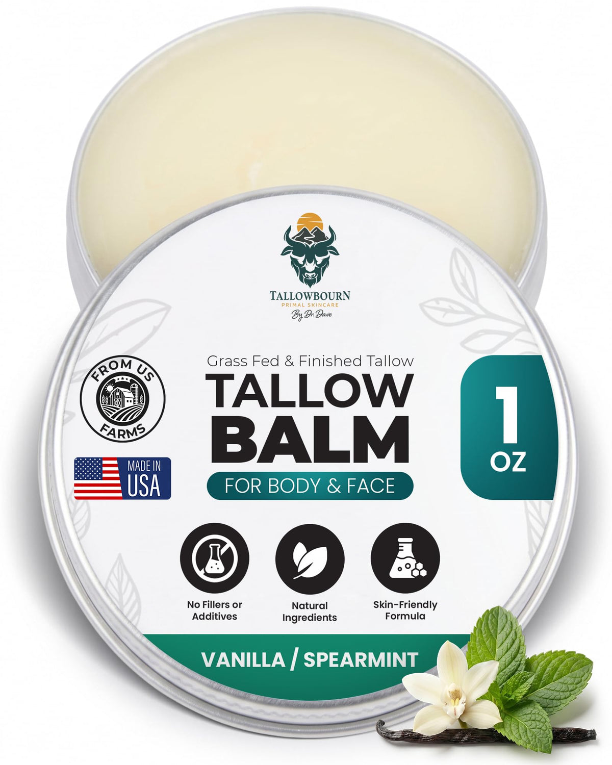 Tallowbourn Beef Tallow Balm 1oz front view with vanilla and spearmint scent