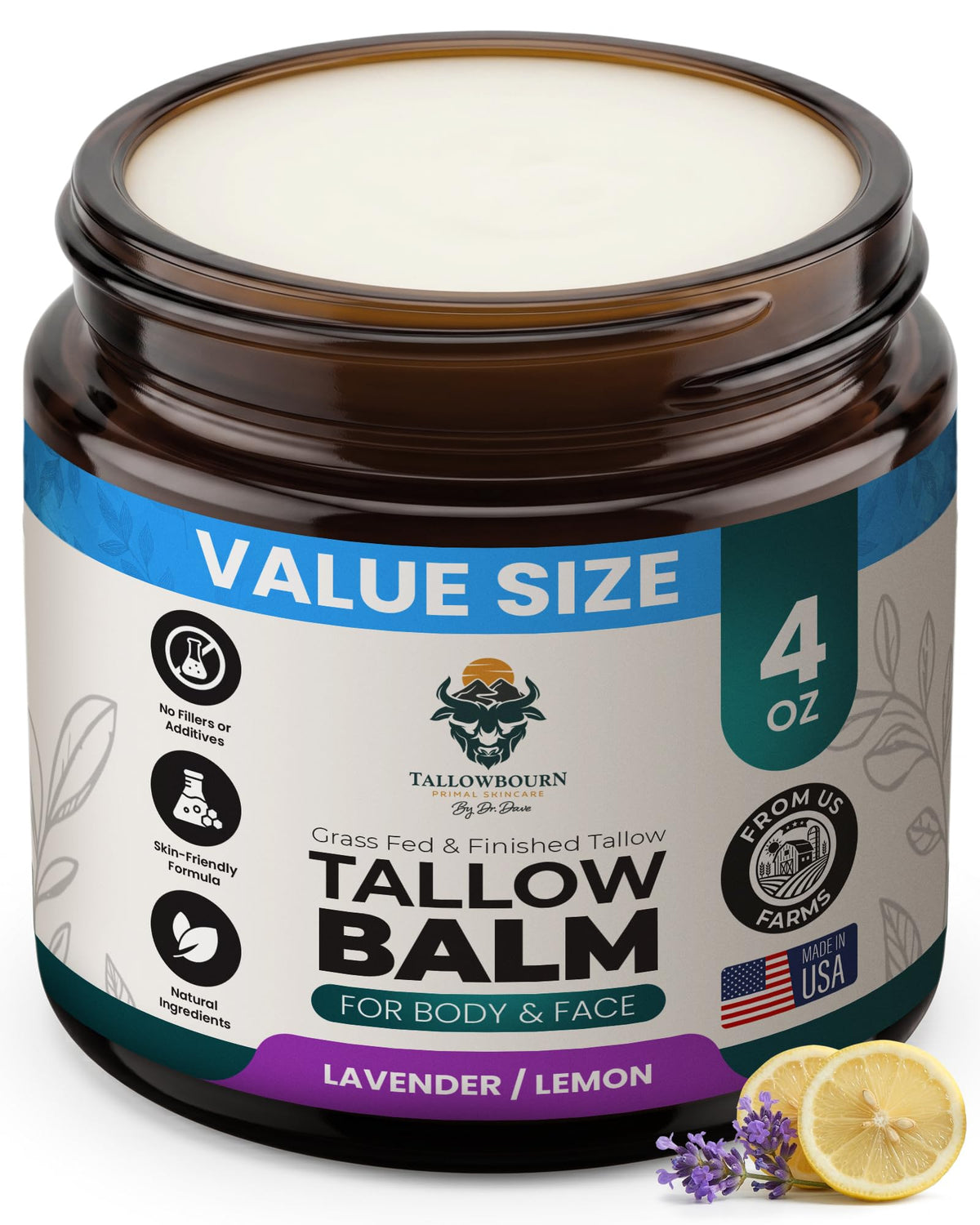 Tallowbourn Grass-Fed Beef Tallow Balm Lavender & Lemon front view