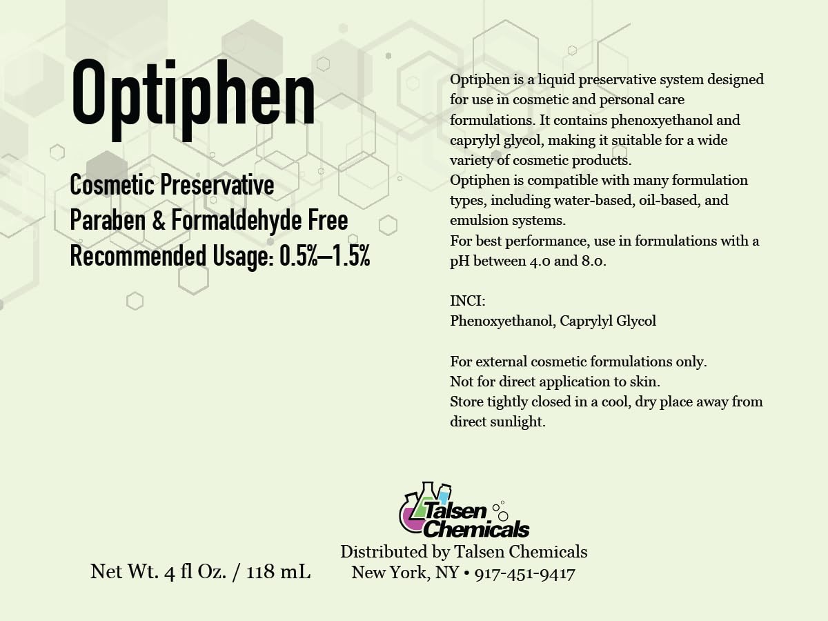 Talsen Chemicals Optiphen Preservative 4 Oz packaging and label