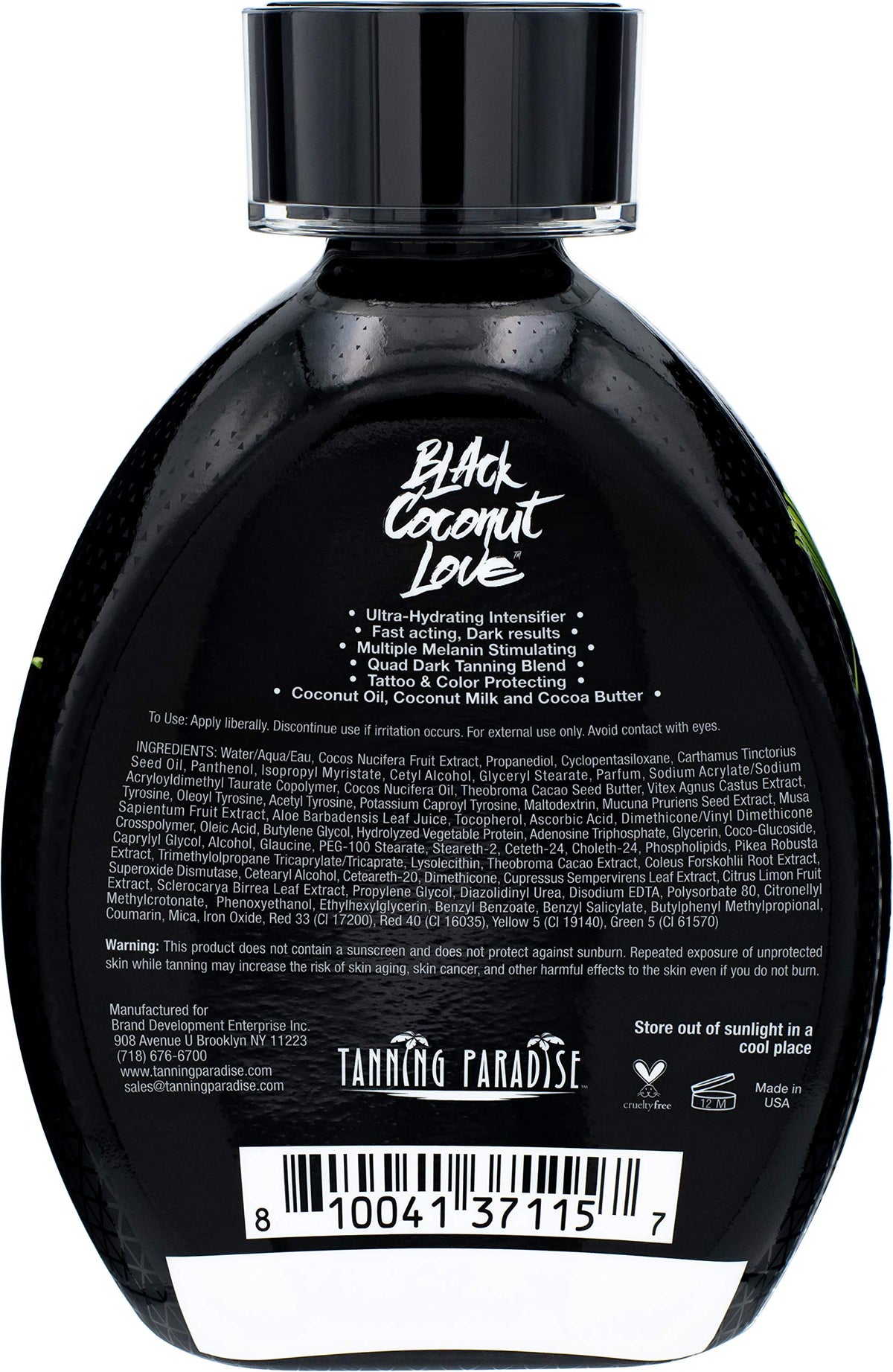 TANNING PARADISE Black Coconut Love Tanning Lotion 13.5oz back view with ingredients