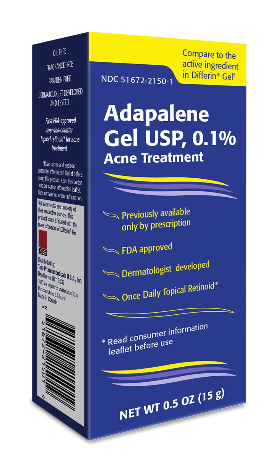 TARO Adapalene 0.1% Gel front view, 20g tube