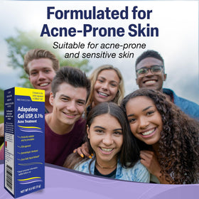 TARO Adapalene 0.1% Gel packaging on a bathroom counter