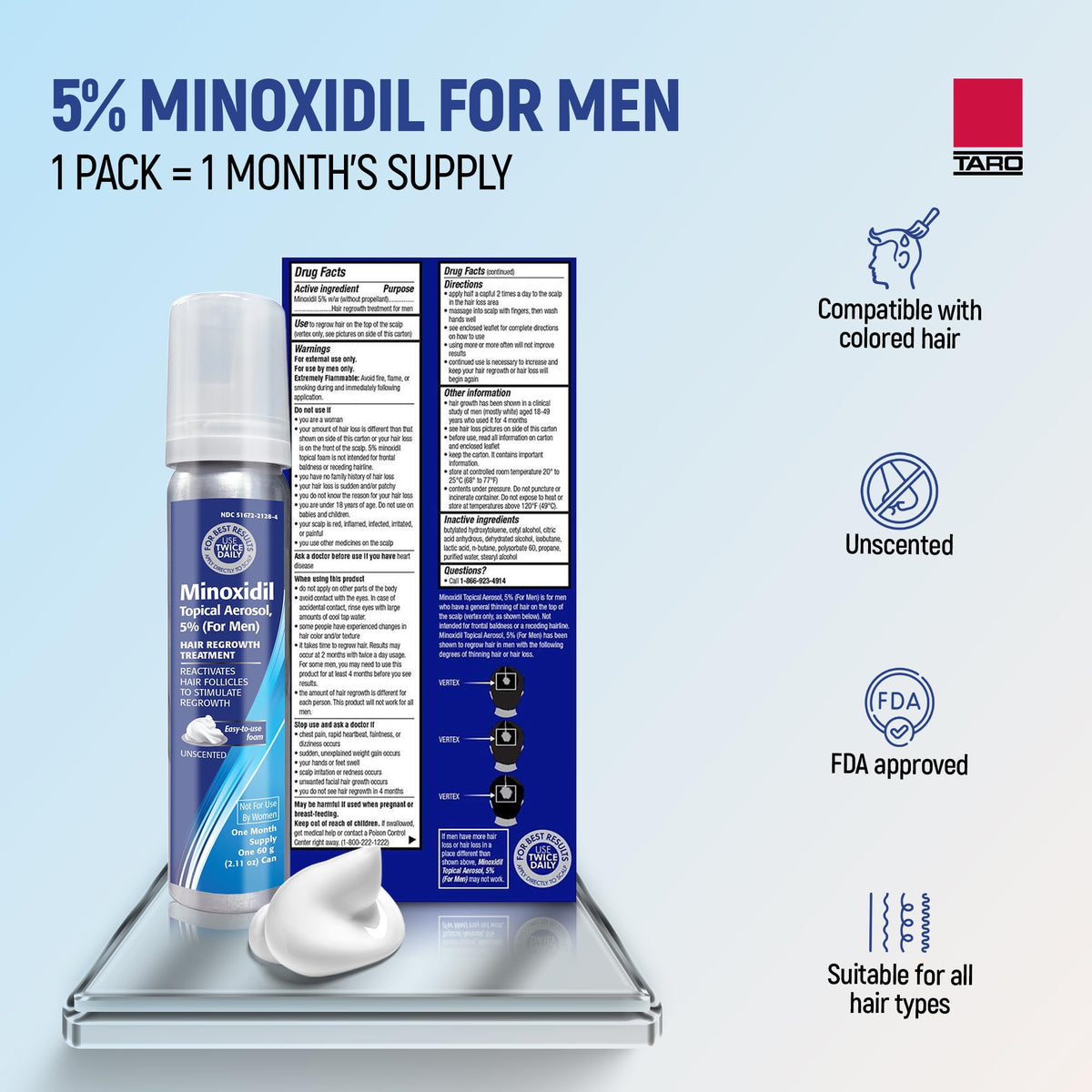 TARO Minoxidil Foam 5% application on hair