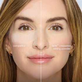 tarte Creaseless Setting Powder on a vanity with makeup tools