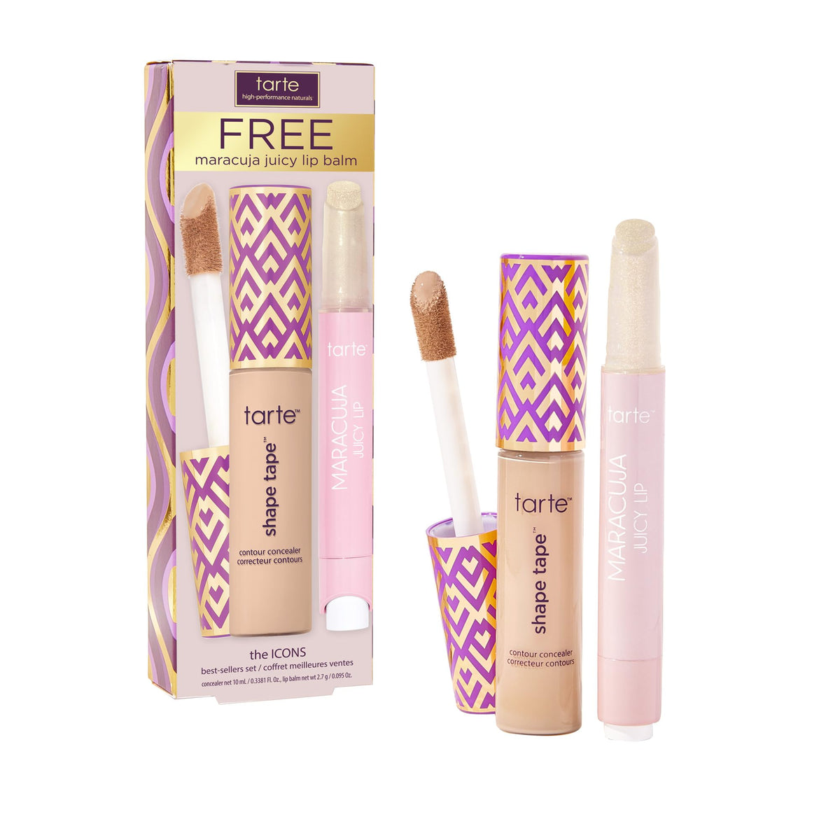 tarte Icons Shape Tape Concealer and Maracuja Juicy Lip Balm set front view