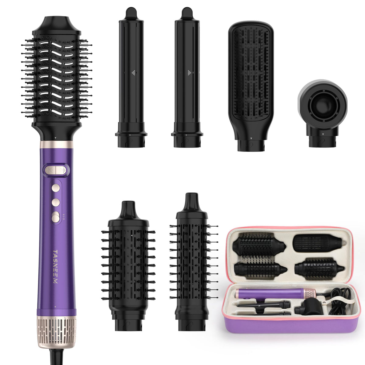 TASNEEM 7-in-1 Hot Air Brush front view with attachments