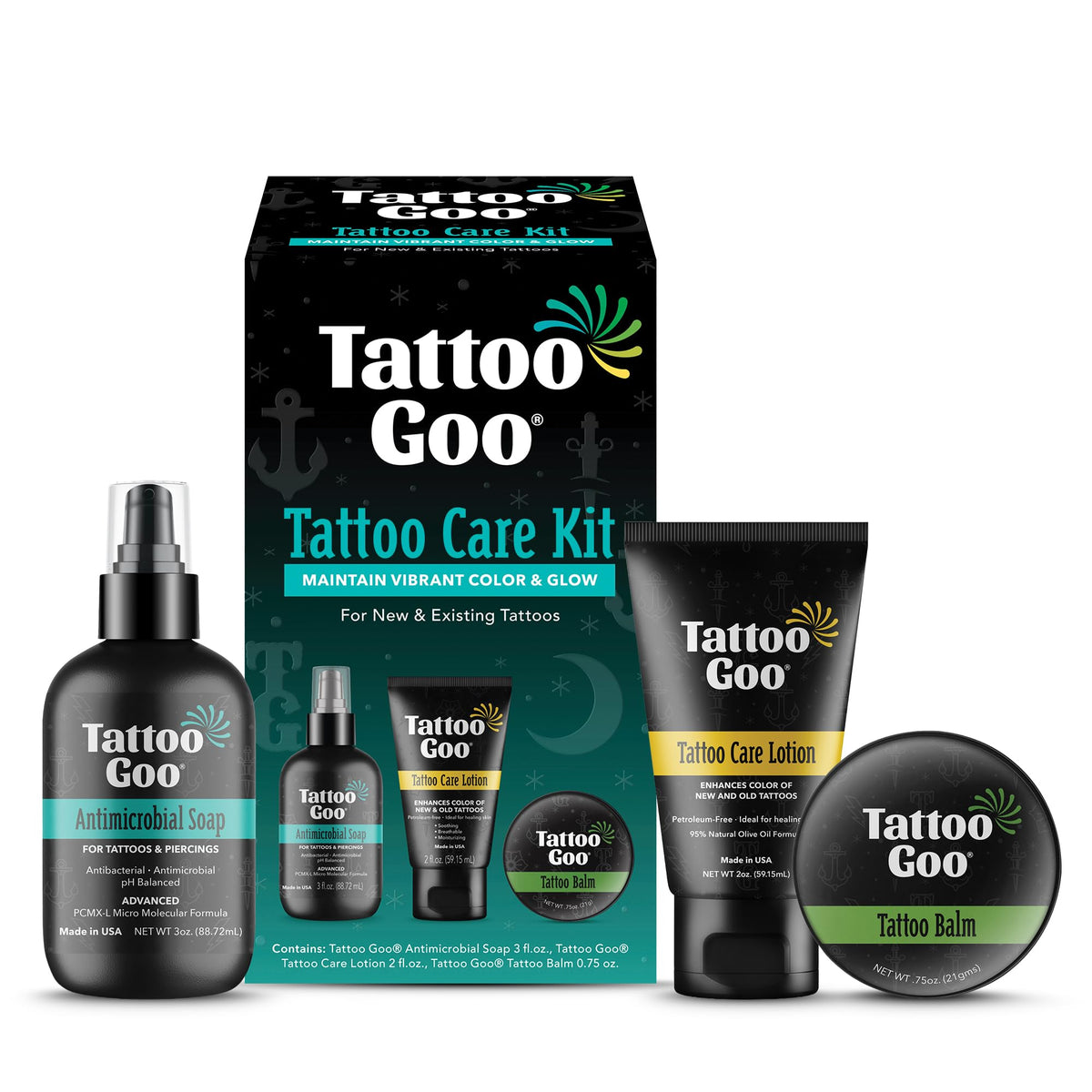 Tattoo Goo Tattoo Aftercare Kit front view with Antimicrobial Soap, Balm, and Lotion