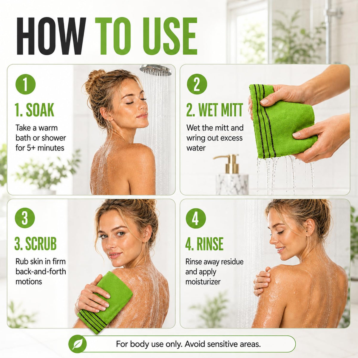 Tatuo exfoliating mitts displayed in a bathroom setting
