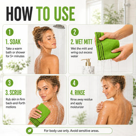 Tatuo exfoliating mitts displayed in a bathroom setting