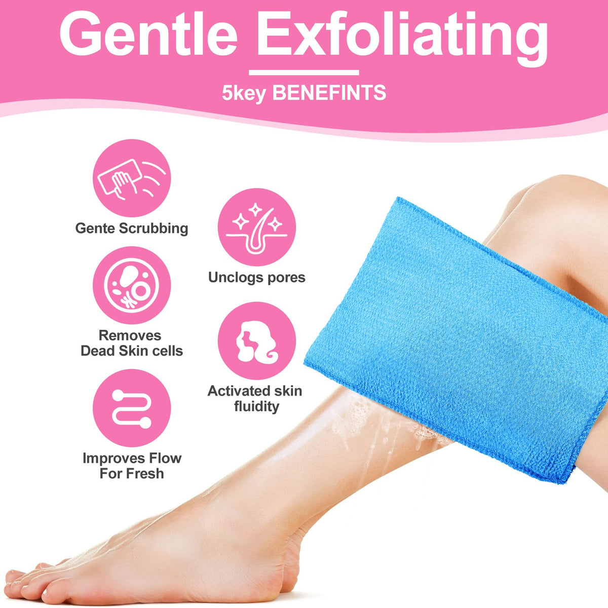 Tatuo exfoliating mitts displayed in a bathroom setting