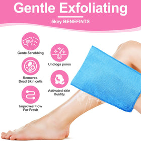 Tatuo exfoliating mitts displayed in a bathroom setting