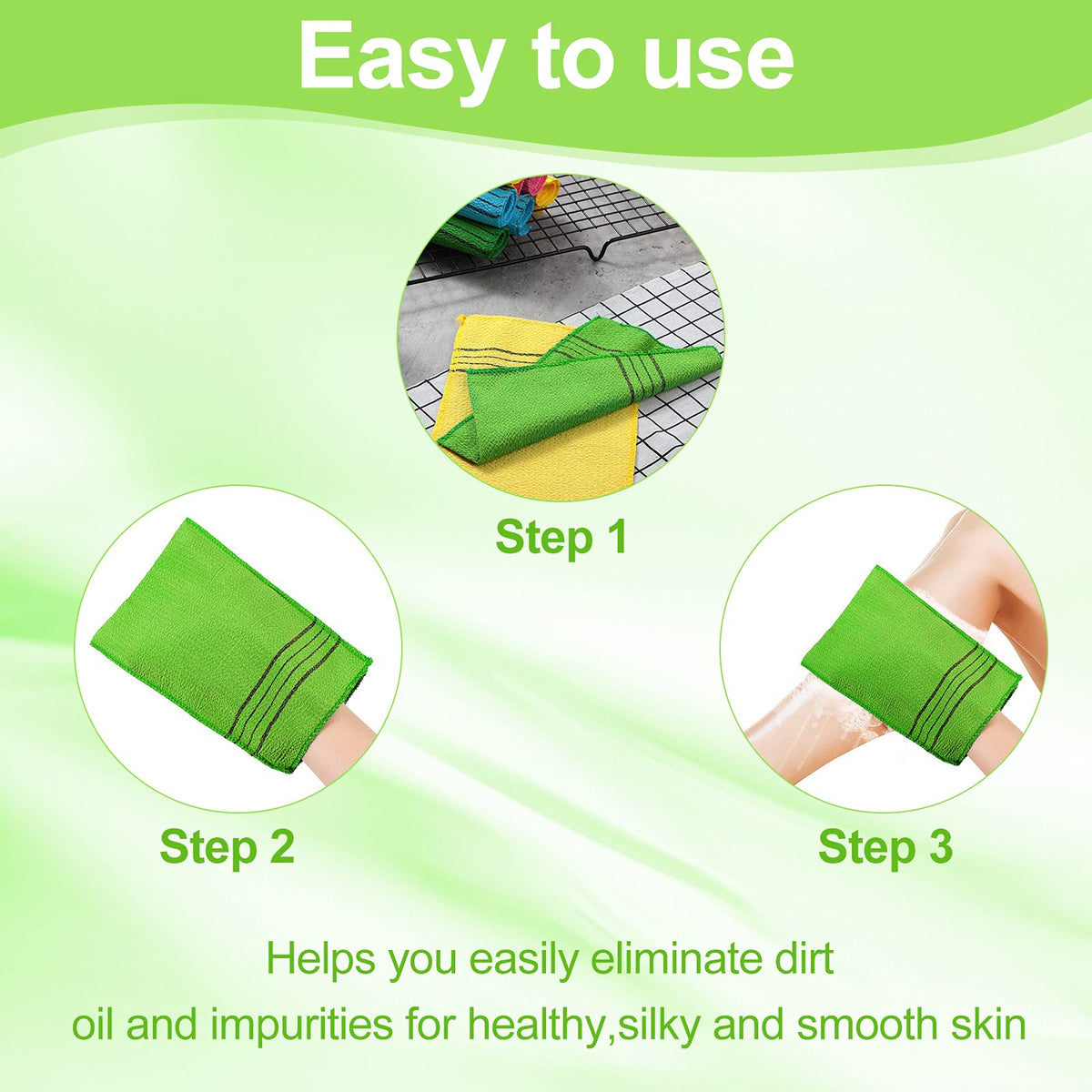 Tatuo exfoliating mitts in Yellow, Green, Blue, and Pink