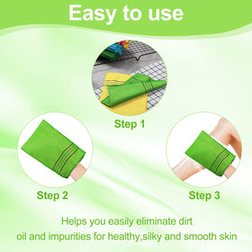 Tatuo exfoliating mitts in Yellow, Green, Blue, and Pink