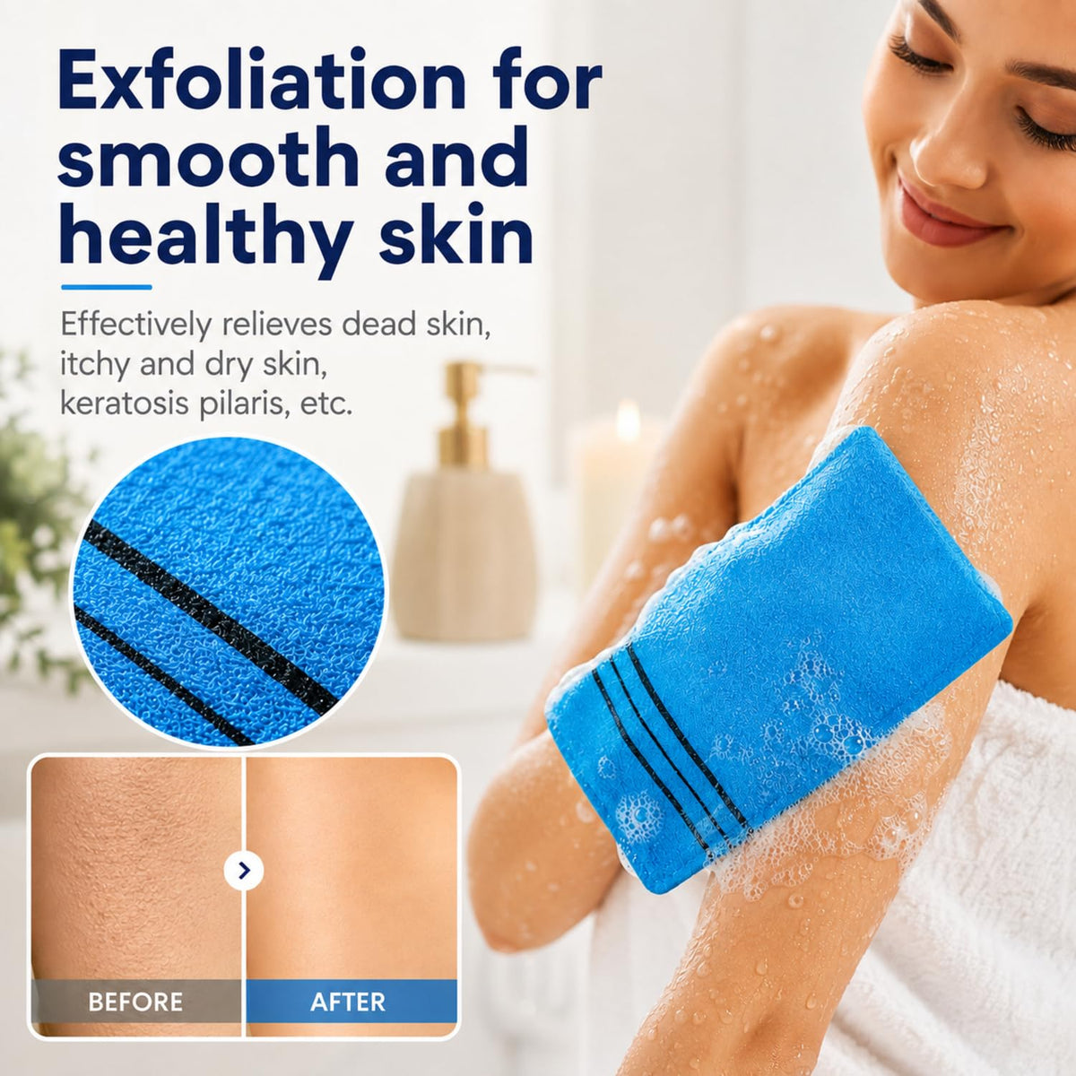 Tatuo exfoliating mitts stacked with a towel