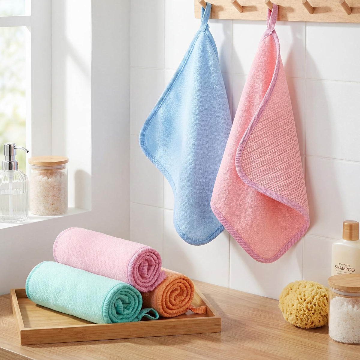 Tatuo Exfoliating Washcloths being used in a shower
