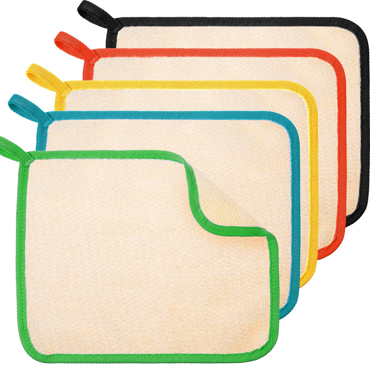 Tatuo exfoliating washcloths in black, green, orange, blue, and yellow