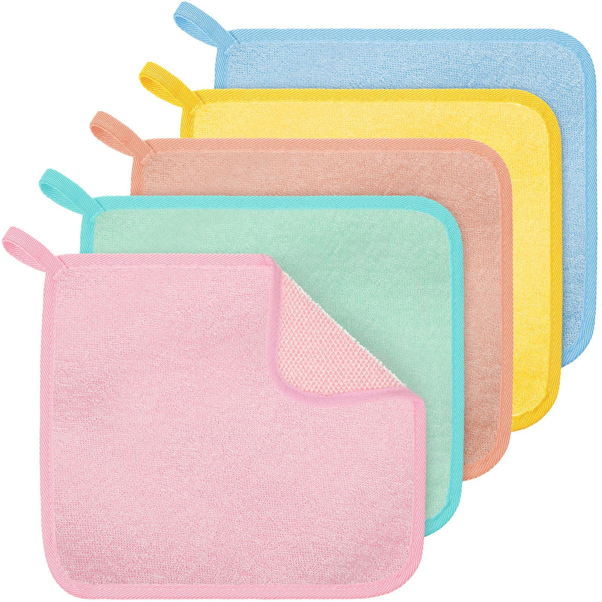 Tatuo Exfoliating Washcloths in blue, green, yellow, and pink, front view