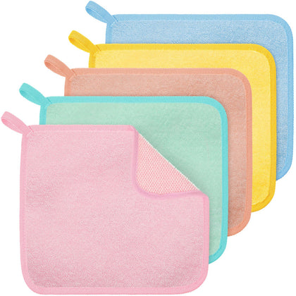 Tatuo Exfoliating Washcloths in blue, green, yellow, and pink, front view