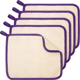 Tatuo exfoliating washcloths pack showing five pieces with purple edges
