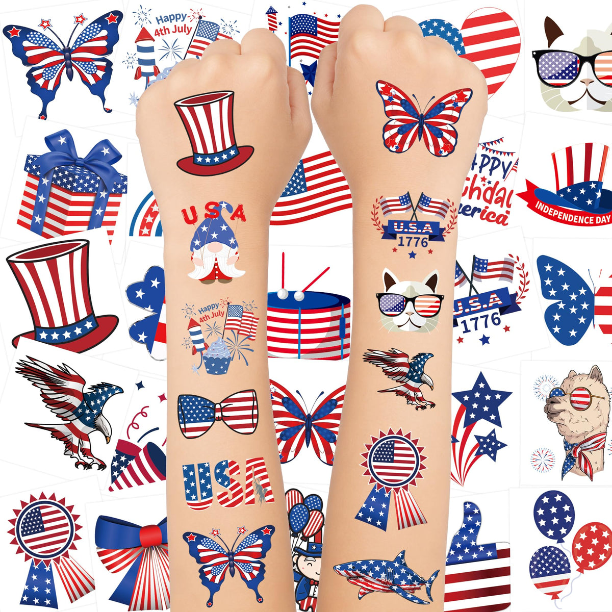 TATUWST 150PCS 4th of July temporary tattoos featuring stars and eagles
