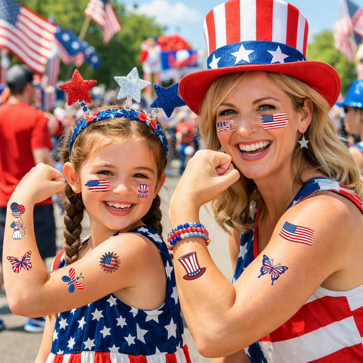 TATUWST 4th of July temporary tattoos in red, white, and blue