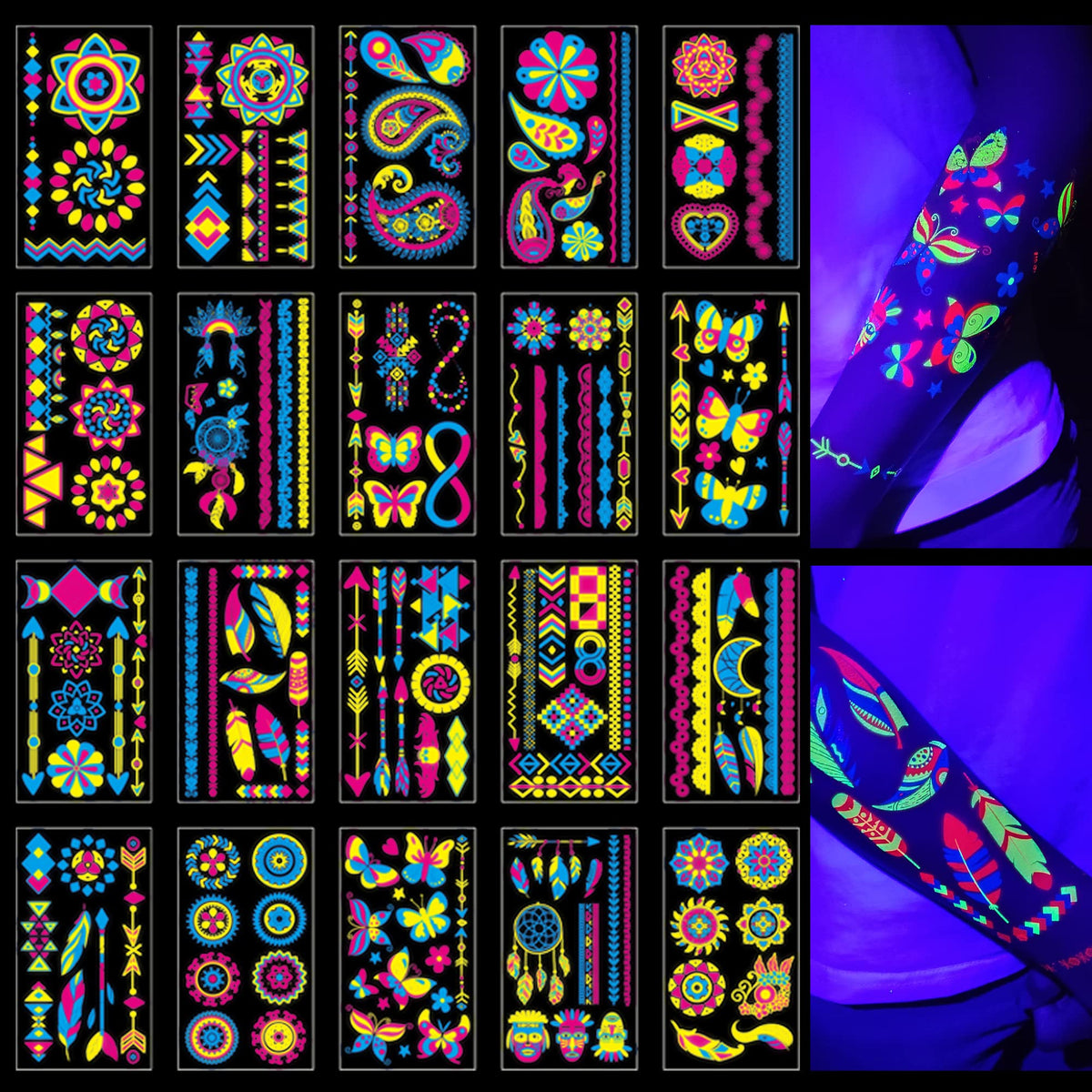 TATUWST Glow in the Dark Tattoos 172 PCS front view with assorted designs