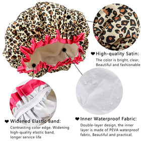 TCOTBE shower cap with polka dot design on a bathroom counter