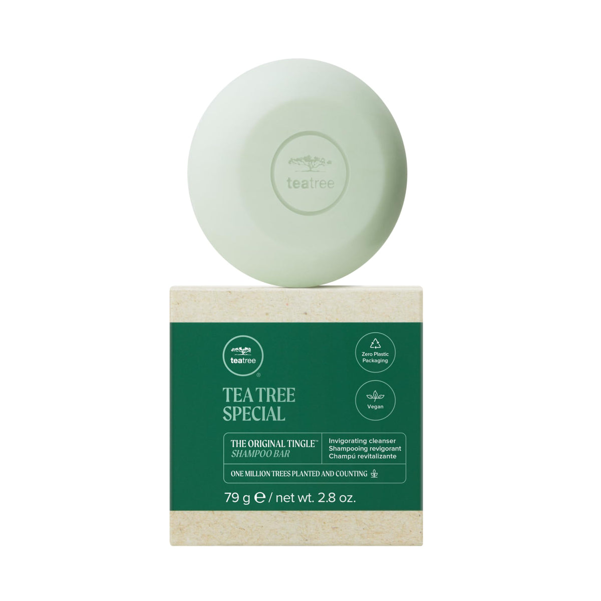 Tea Tree Special Shampoo Bar front view, solid disc shape