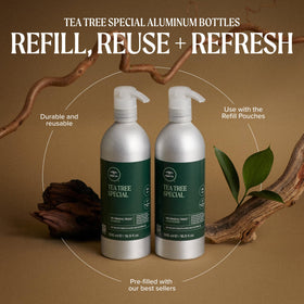 Tea Tree Special Shampoo on a bathroom shelf with lavender