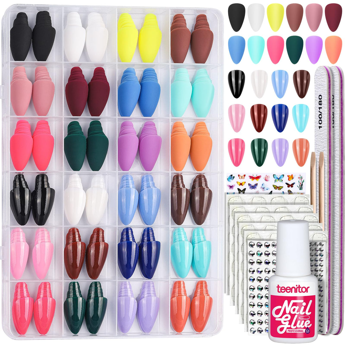 Teenitor 24 Packs Almond Press On Nails assorted colours front view