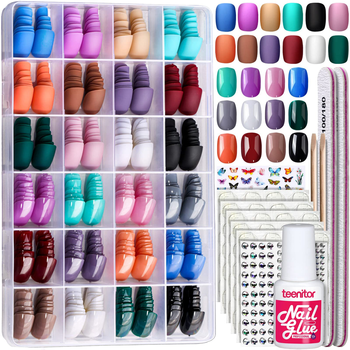 Teenitor 24Pack Short Press On Nails Kit front view with assorted colours