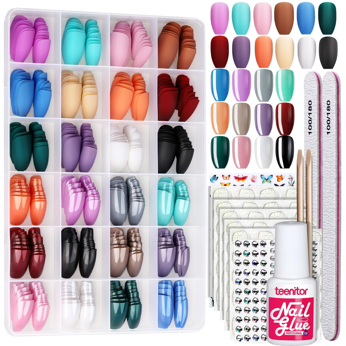 Teenitor Coffin Shape Press On Nails Set packaging with assorted colours