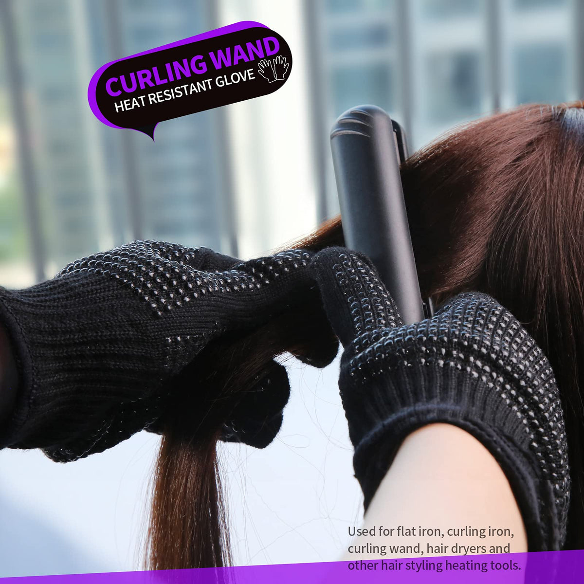 Teenitor Heat Resistant Gloves being worn while styling hair