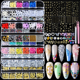 Teenitor Nail Charms Nail Gems kit including gold stickers and rhinestones