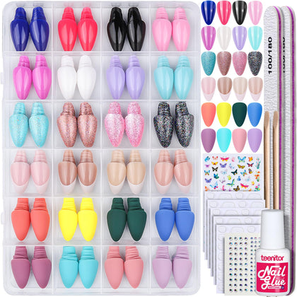 Teenitor Press On Nails Almond set with various finishes
