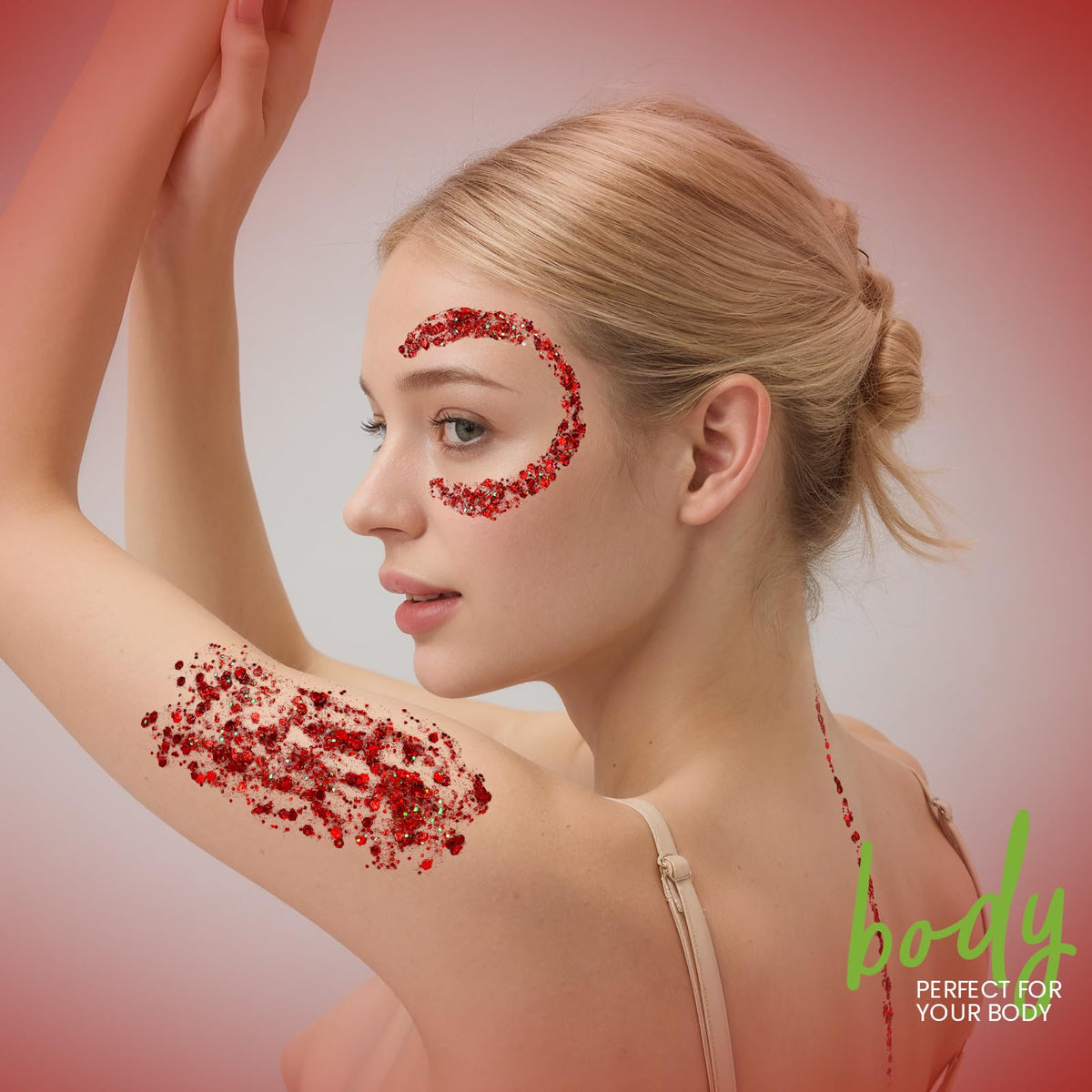 Teenitor red body glitter gel used at a festive event