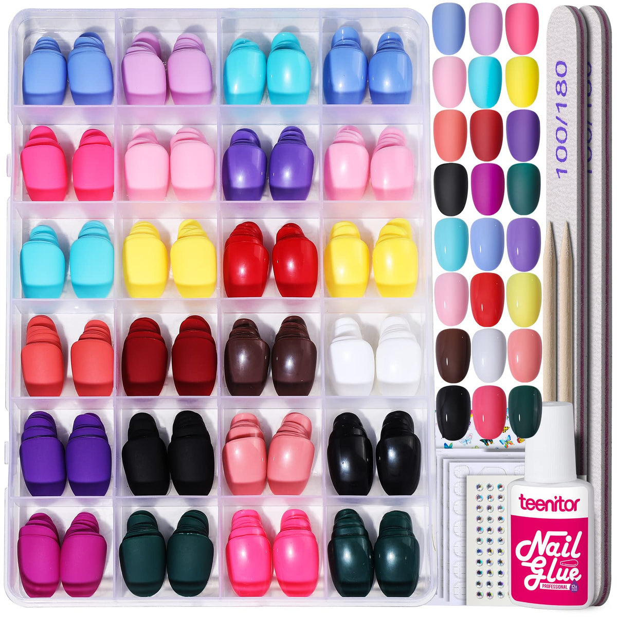 Teenitor Short Oval Press On Nails assorted colours front view