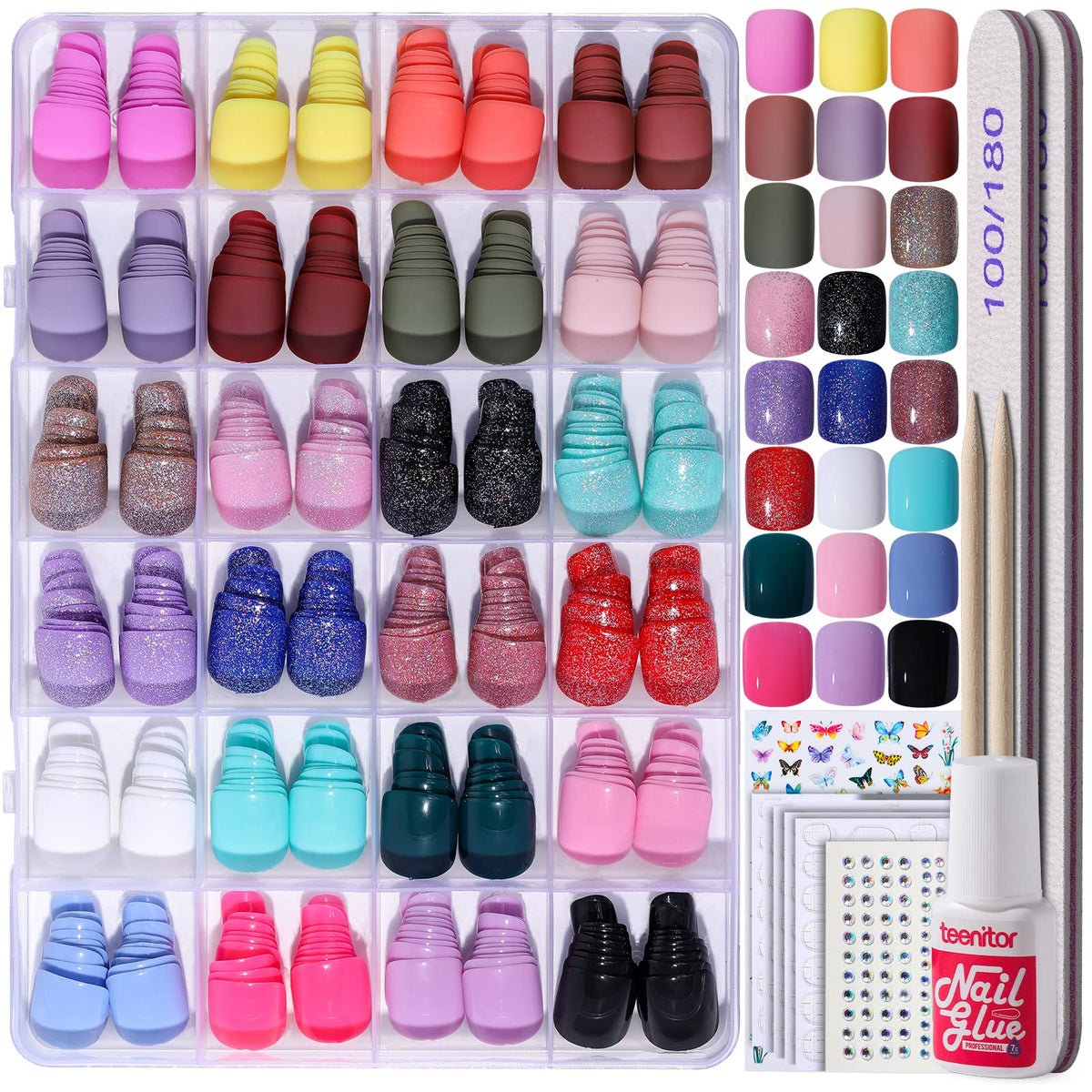 Teenitor Short Press On Nails Set with matte, glossy, and glitter finishes