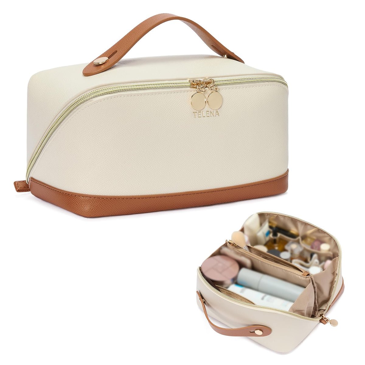 Telena Leather Makeup Bag front view in black