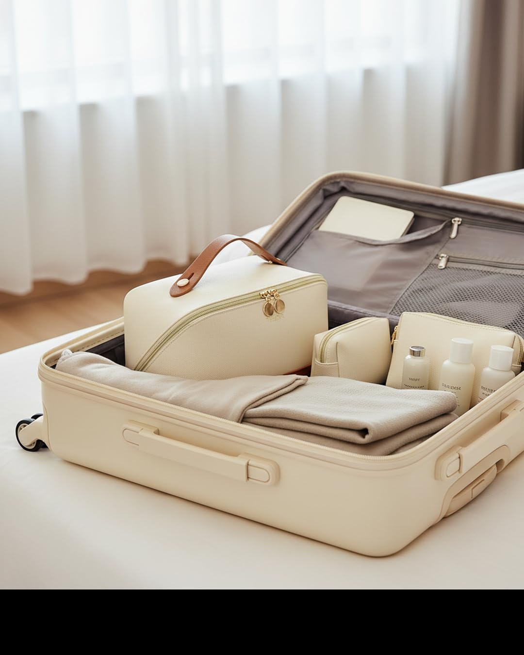 Telena Makeup Bag with toiletries and cosmetics arranged inside