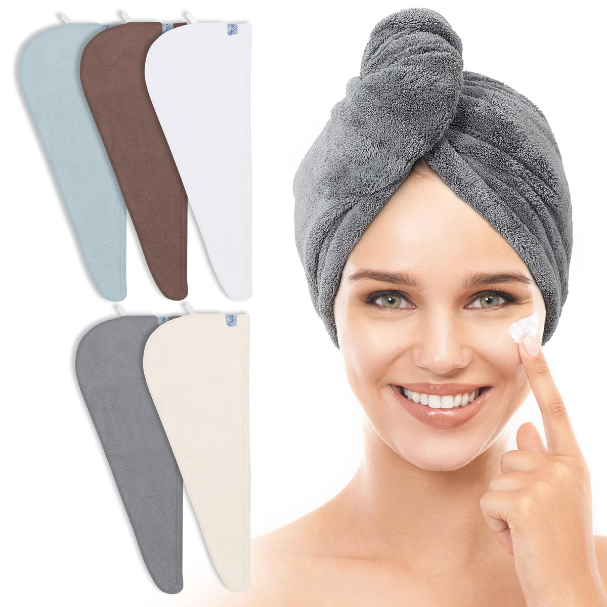 TENSTARS Hair Towel Wrap 5 Pack in assorted colours front view