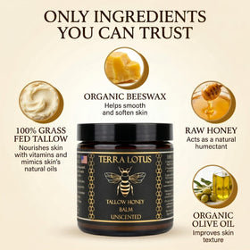 Terra Lotus Organic Tallow Balm with Raw Honey ingredients close-up