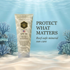 Terra Lotus sunscreen on beach towel