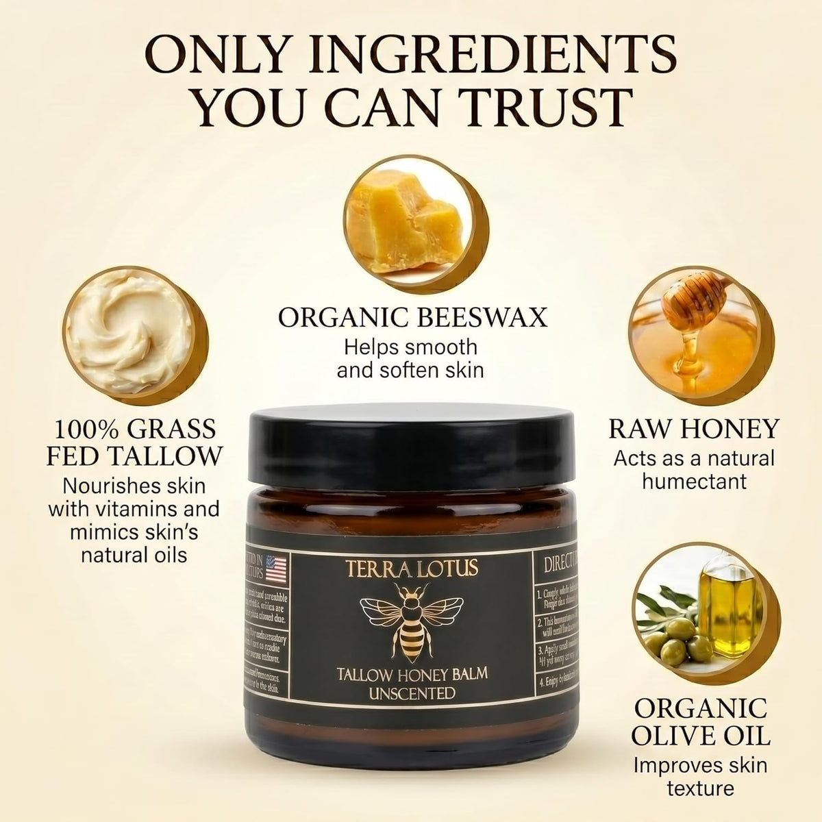 Terra Lotus Tallow Balm ingredients close-up, featuring Beef Tallow and Raw Honey