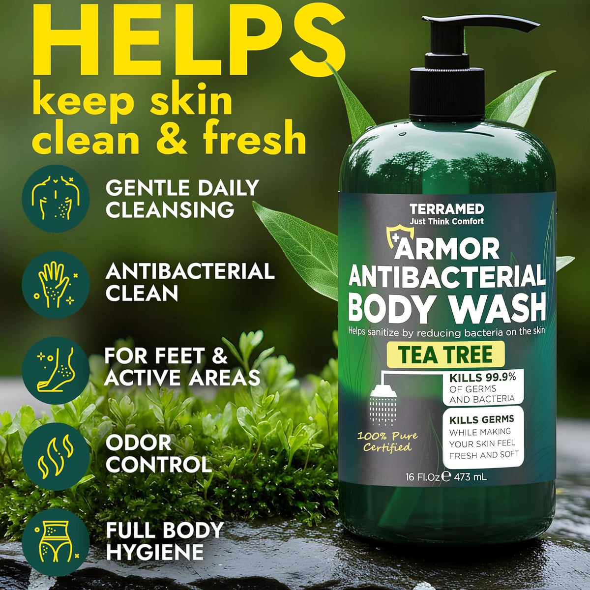 Terramed Antibacterial Body Wash back view with ingredients list