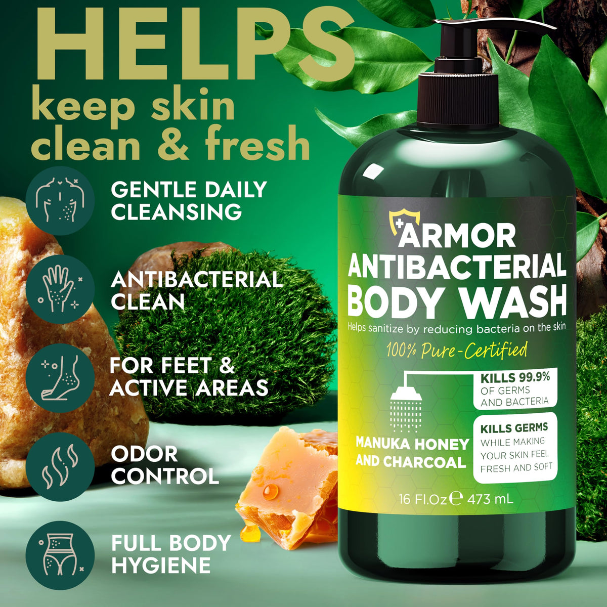 Terramed body wash bottle with manuka honey and activated charcoal ingredients