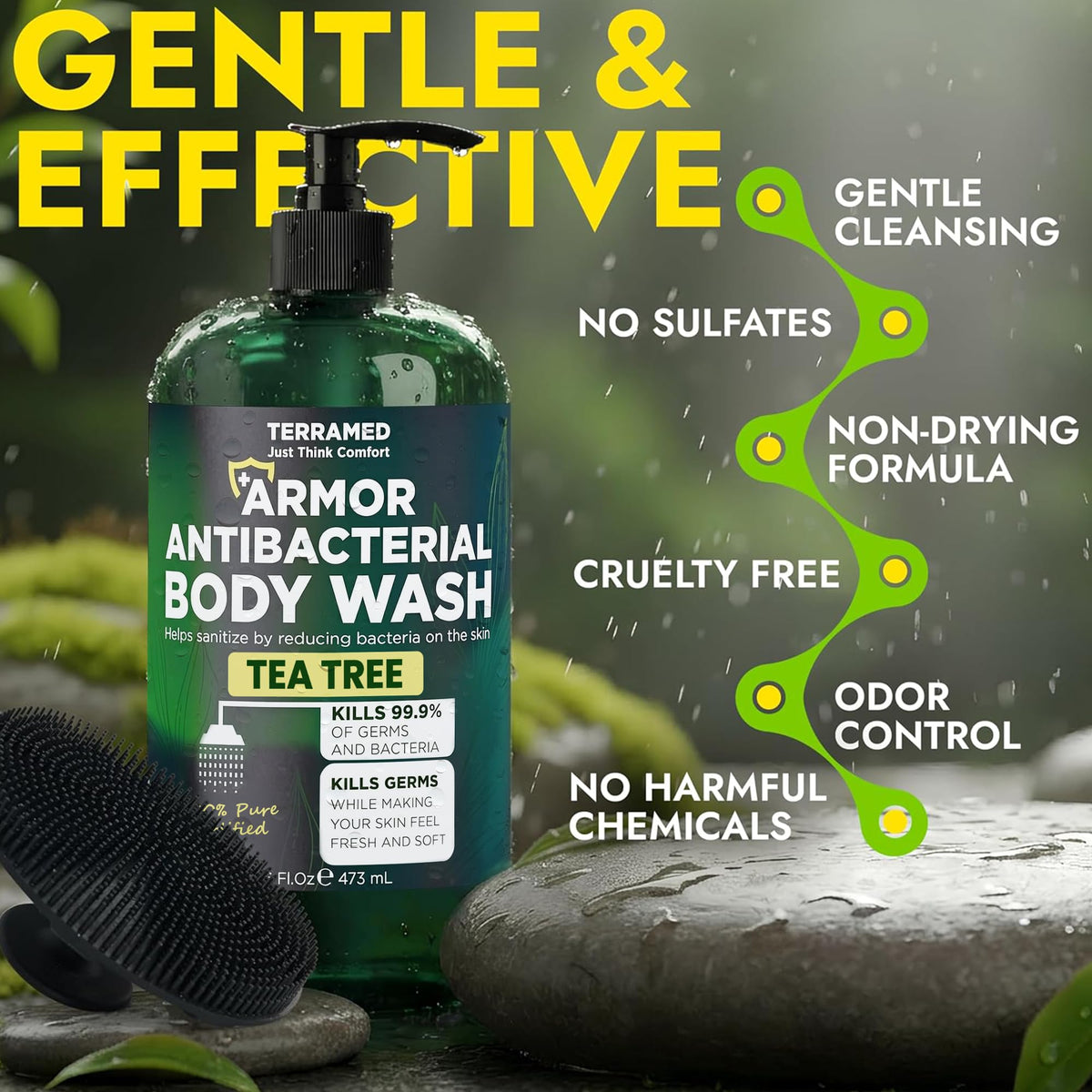 Terramed body wash bottle with tea tree oil ingredients